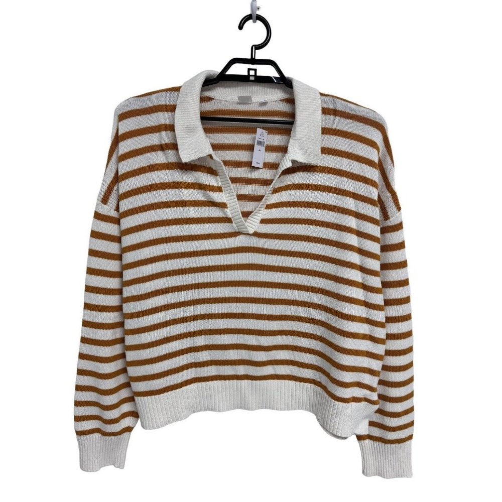 GAP Women's Long Sleeve Collared White & Yellow Striped Sweater Blouse Size XXL